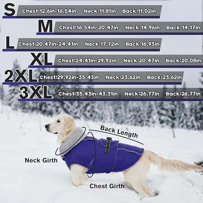 Lelepet Warm Dog Coat Reflective Fleece Vest Waterproof Dog Jacket with Adjustable Buckle Hook & Loop Windproof Cold Weather Coats for Small Medium Large Dogs, Blue, XXXL