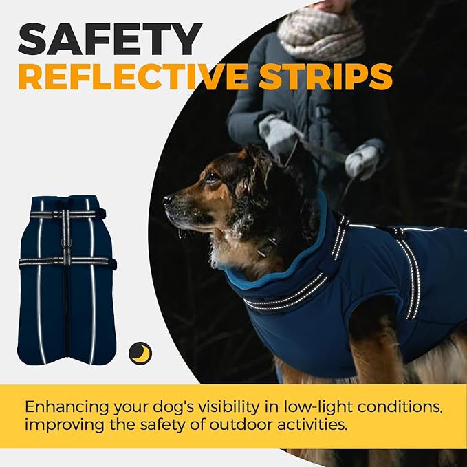 Lelepet Dog Coat for Large Dogs Waterproof Dog Jacket with Harness Built in Reflective Windproof Fleece Jacket with Zip Warm Winter Coats for Dogs Cozy Thermal Pet Snowsuit, Border Collie, Blue, XL