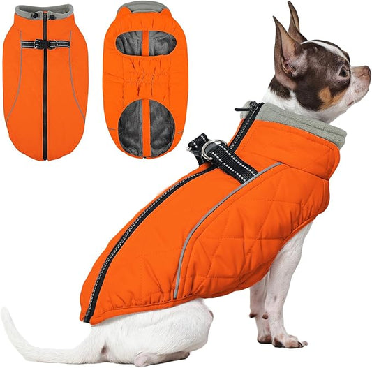 QBLEEV Small Dog Coat, Dog Jackets for Small Dogs, Winter Warm Waterproof Cold Weather Vest with Harness Built in, Windproof Puppy Reflective Fleece Dogs Snowsuit, Adjustable Neck, Blaze Orange, S