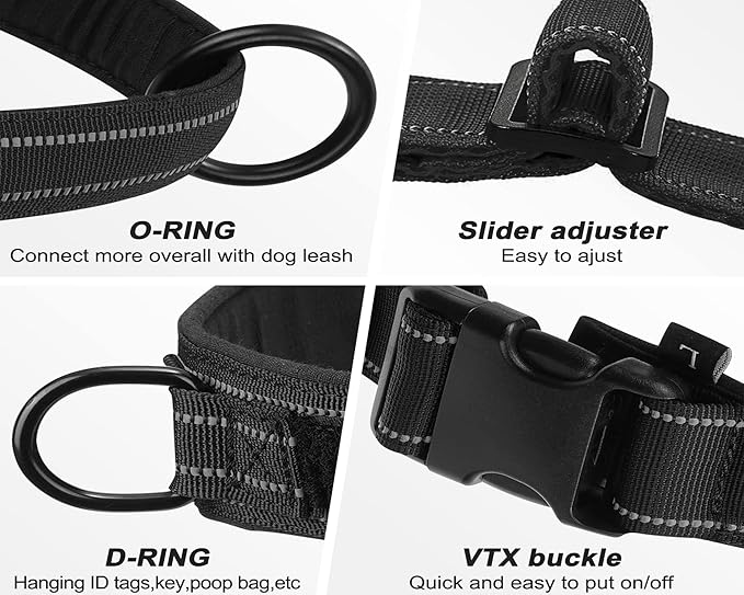 No Pull Dog Harness Black for Small Medium Large Sized Dog, Reflective Escape Proof Adjustable Dog Harnesses with 2 Patch, XL