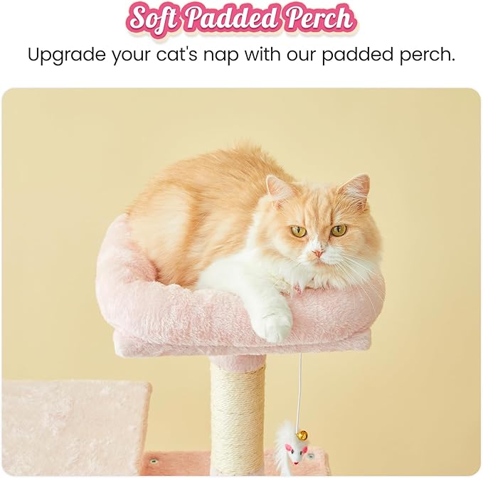 MWPO 63.8-Inch Pink Cat Tree for Indoor Cats, Multi-Level Cat Tower with Sisal-Covered Scratching Posts, Padded Platform, Hammock, Dangling Toys, Stable Cat Condo Pet Play House