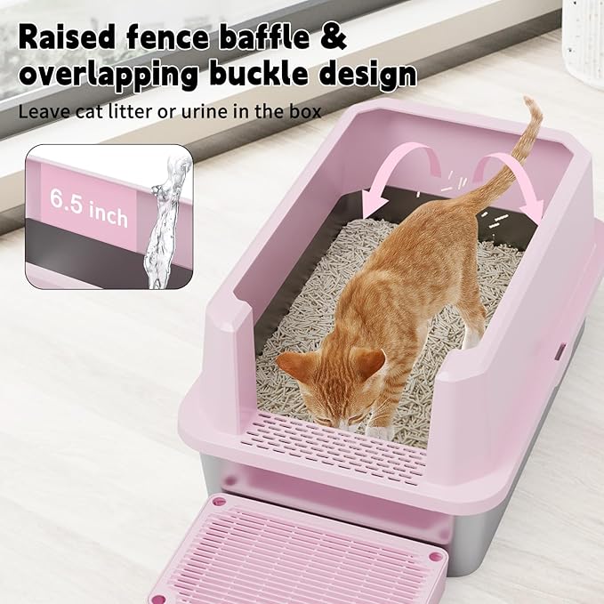 RIZZARI Large Cat Litter Box: Pink Semi-Closed Stainless Steel Litter Box with High Edges - Odorless Litter Pan Anti Leakage for Small to Large Cats for Bedroom Living Room