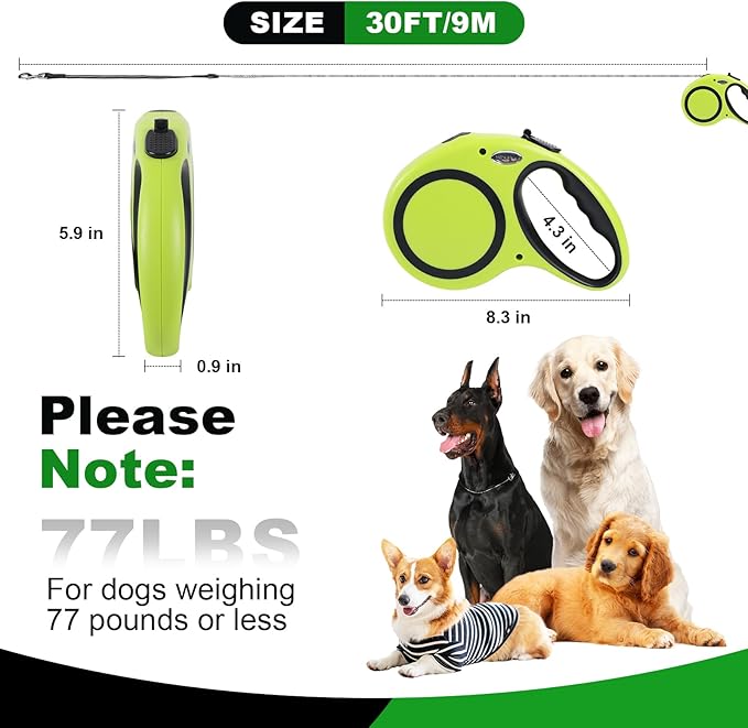 30FT Retractable Dog Leash 30 FT，360° Tangle-Free Dog Walking Leash forMedium and Large Dogs up to 77 lbs one-Hand Brake, one-Button Pause, Lock（Green）