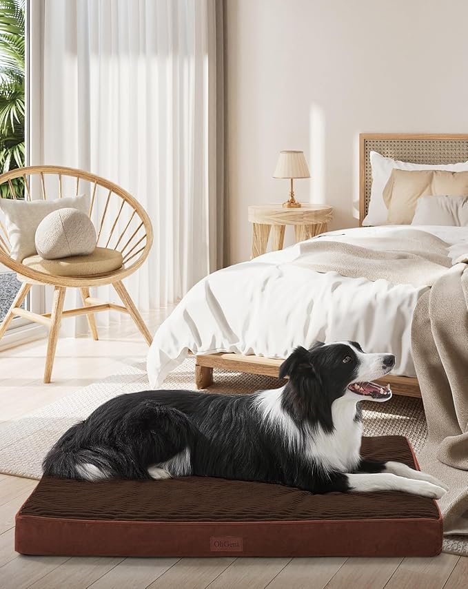 OhGeni Orthopedic Waterproof & Machine Washable Dog Bed for Medium Large Pets, Cat Mat with 25D Egg Crate Foam, Non-Slip Bottom & Removable Cover, 36 Inches(Brown)