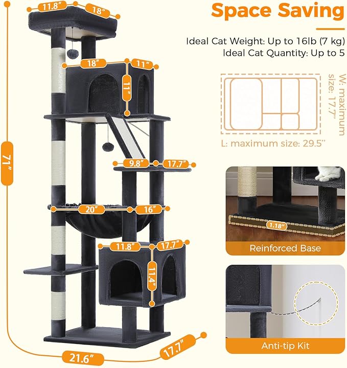 71 Inch Tall Cat Tree for Indoor Cats Large Adult, Multi-Level Cat Tower with Extra Large Hammock, 2 Cat Caves, Spacious Top Perch, Scratching Pad, Dark Grey