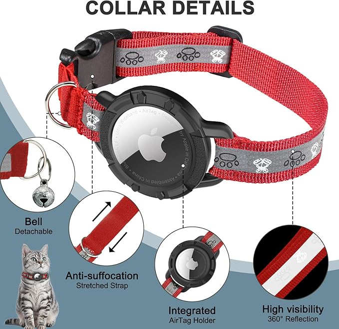 Reflective AirTag Cat Collar, Integrated Cat Tracker Collar with Air Tag Holder and Bell, Safety Elastic Band Cat GPS Collars for Girl Boy Cats, Kittens and Puppies (Red, XS)