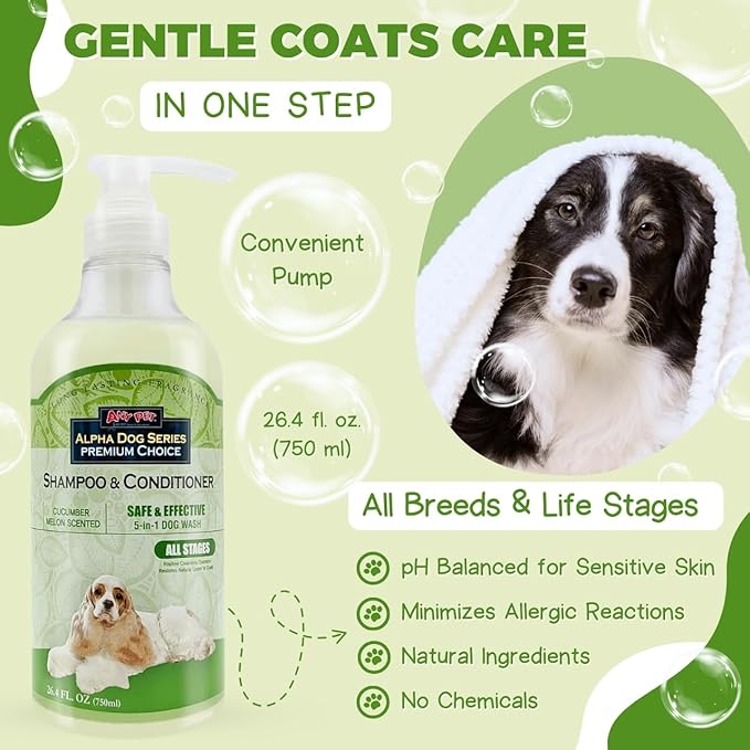 Alpha Dog Series All Stages Natural Dog Shampoo and Conditioner Set with Aloe Vera pH-Balanced Dog Grooming Shampoo and Conditioner for Dogs, Tear-Free Moisturizing Dog Shampoo, 26.4 Oz (Pack of 2)