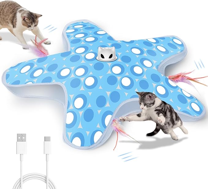 Rechargeable Interactive Cat Toys, Automatic Cat Toy for Indoor Cats, Durable Hide and Seek Cat Toy with Moving Concealed Feathers, Touch Activated Kitten Toys Cat Exercise Toys, Blue White Cover
