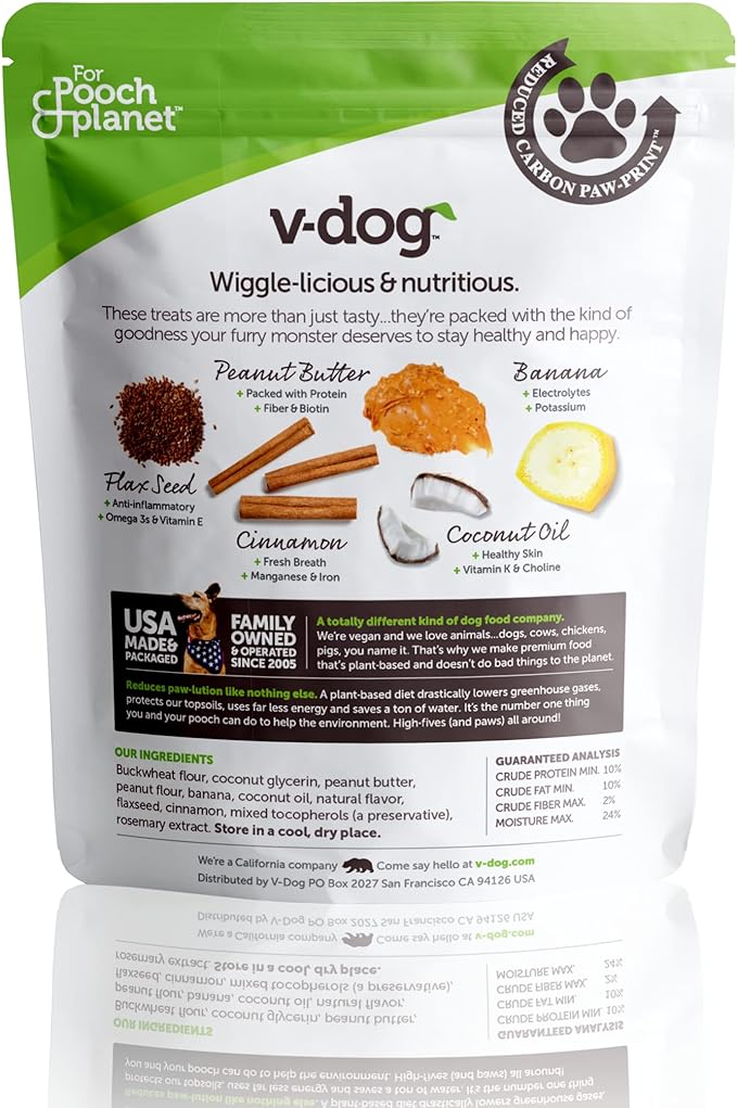 V-dog Soft and Chewy Vegan Wiggle Dog Biscuits - Dog Training Treats - Small, Medium and Large Breeds - Natural Peanut Butter Flavor Superfoods - 10 Ounce - All Natural - Made in The USA