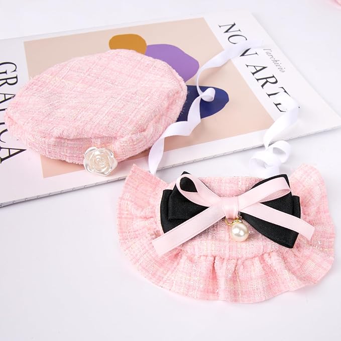 HOWWFALY 2PCS Cat Beret Hat with Small Camellia, Adjustable Satin Bowtie Bandana Scarf Set Pet Princess Costume for Halloween Christmas, Cat Dog Birthday Party Apparel (Pink Bow)