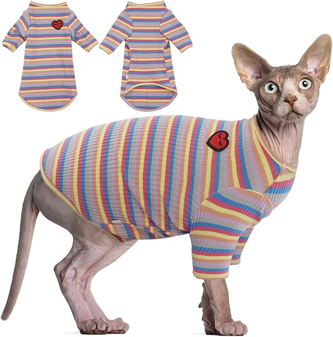 DENTRUN Hairless Cats Shirt Breathable Cat Daily Wear Clothes Stripe Vest Adorable Pajamas Jumpsuit Soft & Skin-Friendly