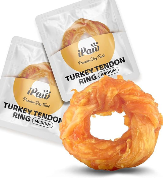 iPaw Turkey Tendon for Dogs, Ingredient Sourced from USA, Hypoallergenic, All Natural Human Grade Puppy Chew, Dog Treats for Signature Series, Rawhide Alternative, 2 Units/Pack Ring (Medium)