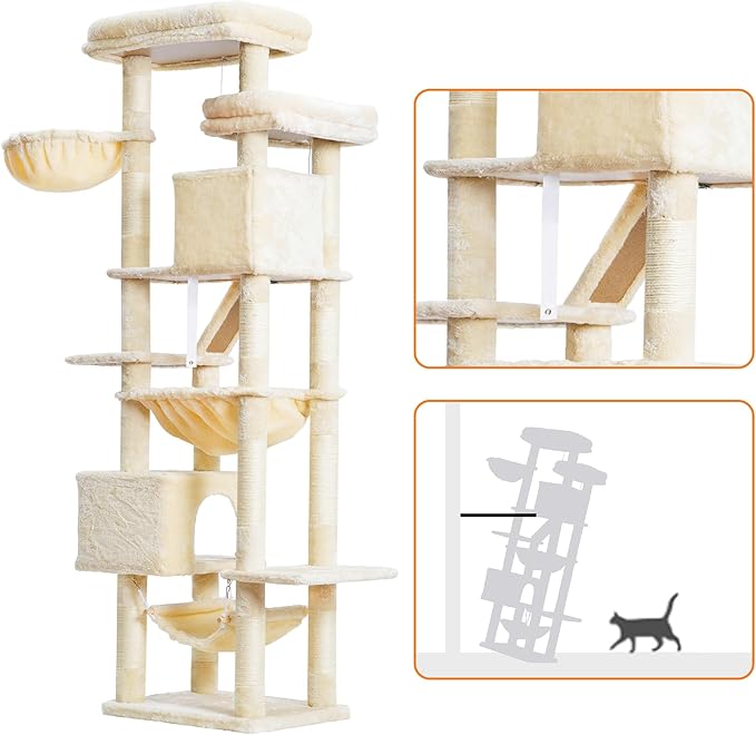 Heybly Cat Tree, 71-Inch-Tall Tower for Indoor Cats with 2 Perches, 2 Big Condos, 2 Hammocks, Basket, Scratching Pad, Large Cat Furniture and Condo, Beige HCT034M
