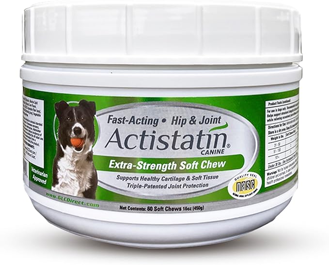 Actistatin Canine Large Dog Soft Chews, 60ct – Patented Extra-Strength Joint, Cartilage, Soft Tissue Supplement: Glucosamine, Chondroitin, Manganese, MSM, L-Carnitine – High Absorption, Fast Results