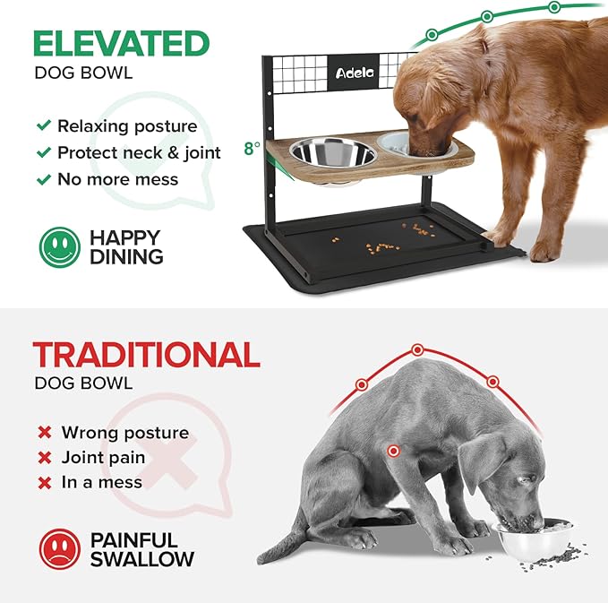 Ciconira Metal Elevated Dog Bowls with Slow Feeder & Spillproof Mat, 8°Tilted Raised Dog Bowl Stand with Two 1.3L Stainless Steel Food Water Bowls,4 Height Adjustable for Large Medium, Small Dogs