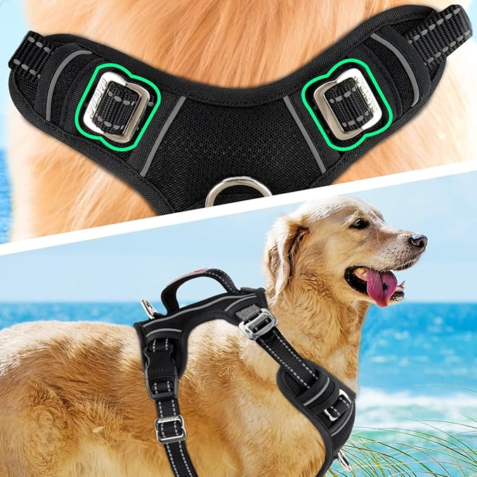 BARKBAY No Pull Dog Harness 3 Buckles Large Reflective Dog Harness with Front Clip and Easy Control Handle for Walking Training Running with ID tag Pocket(Black,XL)