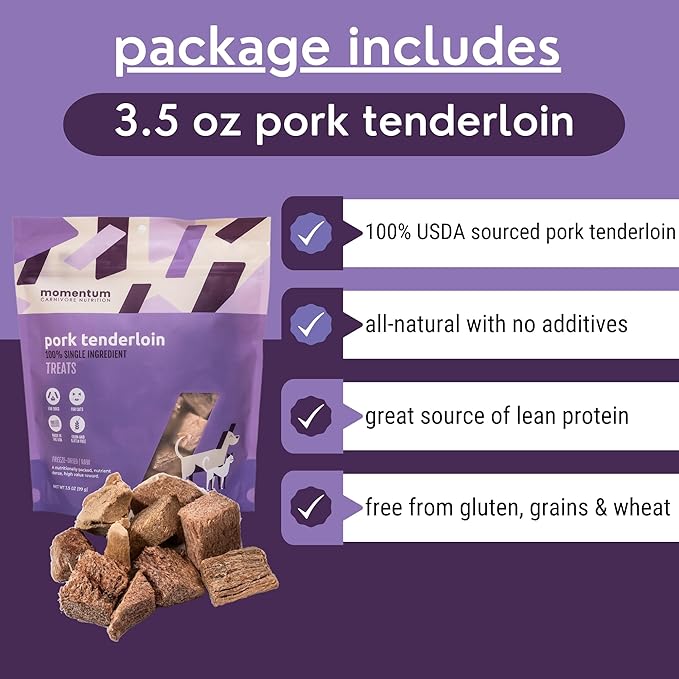 Momentum Carnivore Nutrition Freeze-Dried Pork Tenderloin Dog Treats – Single-Ingredient, Dog & Cat Treats – High-Protein, Grain-Free– 3.5 oz Bag