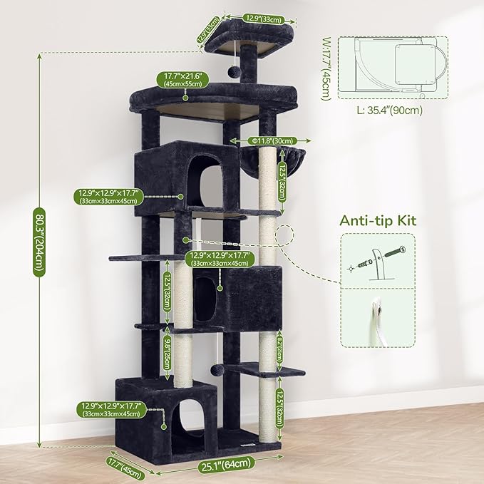 Globlazer Extra Large Cat Tree Tower for Indoor Cats Large Adult, 80in Heavy Duty Cat Tree with 3 Spacious Cat Condos, Oversized Fan-shaped Perch, 6 Full Wrapped Sisal Scratching Posts, S80, Dark Grey
