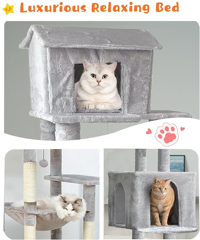 Tall Cat Tree 63 in, Multilevel Cat Tower for Adult Cats, Climbing Tree House and Towers with Condo Hammock Scratching Post Wide Base (Light Gray, 63 in)
