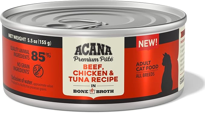 ACANA Premium Pate Wet Cat Food in Bone Broth Beef Chicken + Tuna Recipe 5.5oz Cans (12 count)