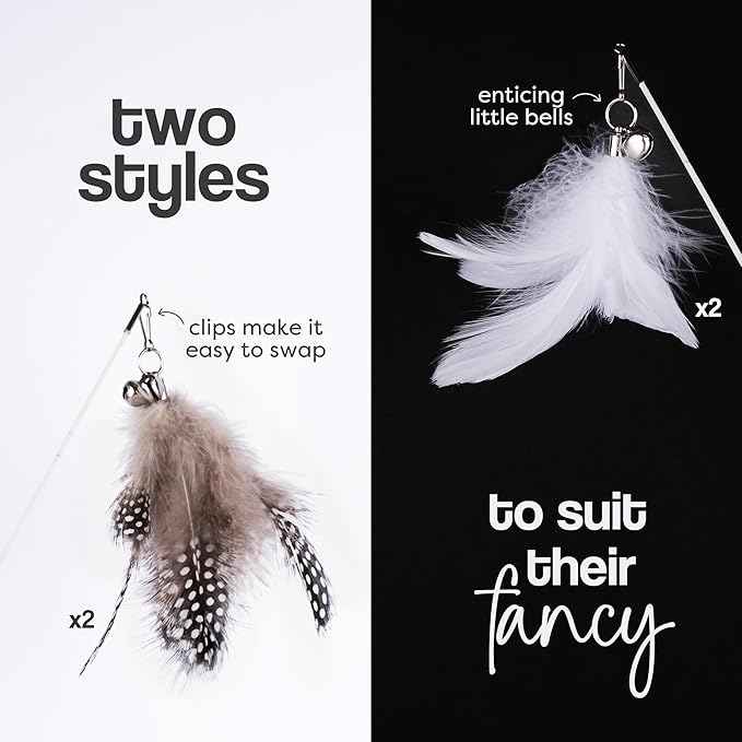 Cat Wand Toy Set – 2 Feather Teaser Wands with 4 Interchangeable Refills, 27" Flexible Wire & Wooden Handle, Interactive Play for Indoor Cats and Kittens