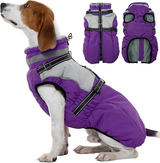 Kuoser Dog Coat, 2 in 1 Dog Jacket with Harness Built in, Winter Waterproof Puppy Puffer Jacket Snowsuit for Small Medium Large Dogs, Cold Weather Reflective Pet Fleece Vest with Zipper