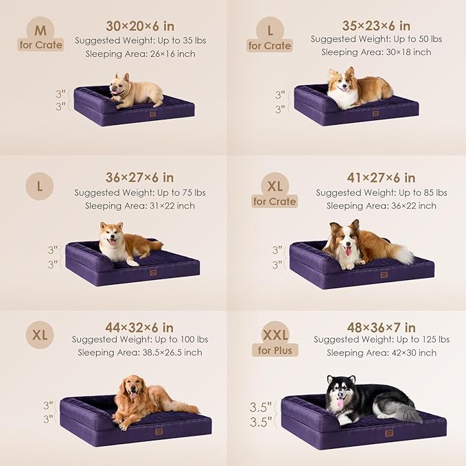 EHEYCIGA Memory Foam Dog Bed XXL, Giant Dog Bed Orthopedic with Washable Removable Cover, Waterproof Pet Bed Couch for Jumbo Dogs, 48x36x7 Inches, Purple