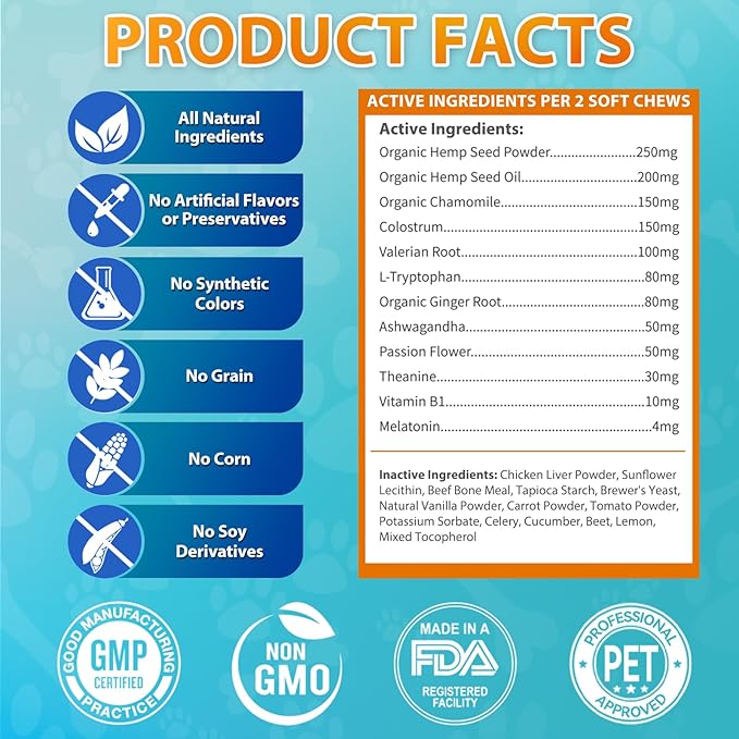 Hemp Calming Chew for Dog - 200 Chews Dog Calming Treats -Dogs Anxiety & Stress Relief Valerian Root Chamomile Melatonin for Separation, Barking, Stress & Slee- Chicken Flavor