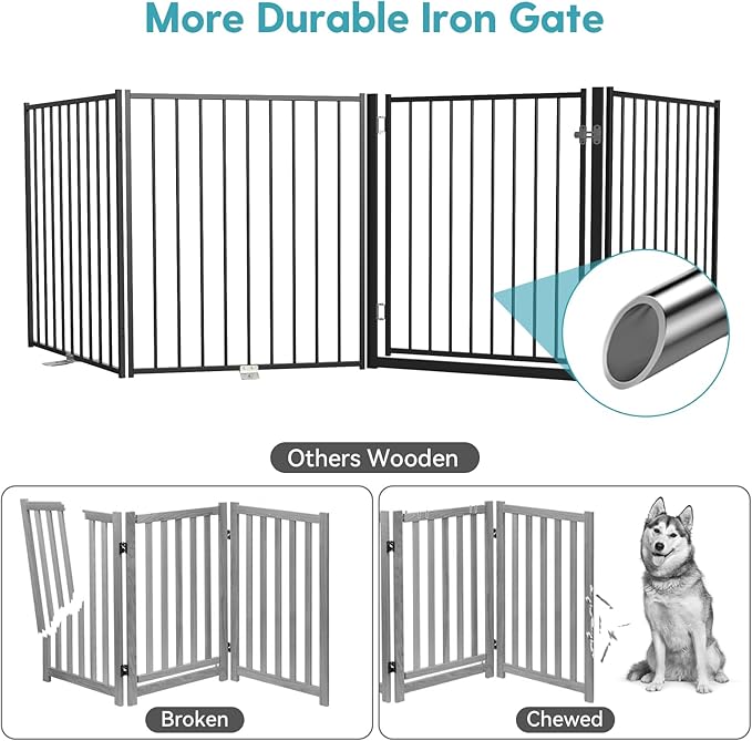 No Pawblems Free Standing Dog Gate with Door, 30'' Tall Foldable Dog Fence for Indoor & Outdoor, Up to 104 Inch Extra Wide Puppy Gate for Stairs, Hallways, Doorways, Deck, Yard (Black, 4 Panels)