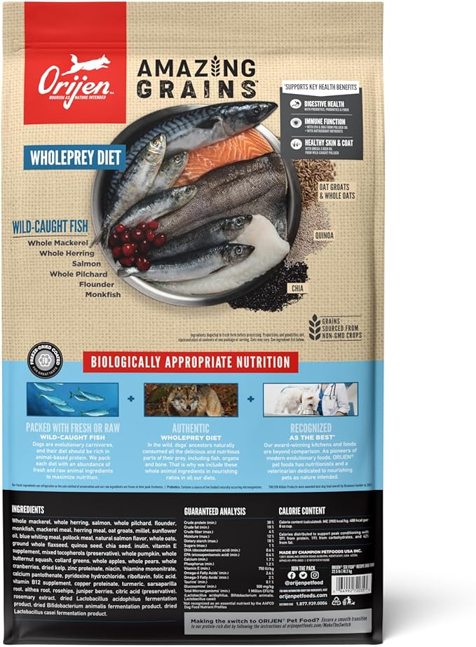 ORIJEN Amazing Grains High Protein Dry Dog Food Six Fish Recipe 22.5lb Bag