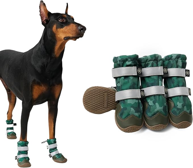 Spark Paws Dog Shoes, Waterproof Dog Boots for Medium to Large Dogs, Non Slip, Breathable Dog Booties and Paw Protectors - 4PCS Doggie Hiking Boots with Reflective Straps, Green Camo, Size 6
