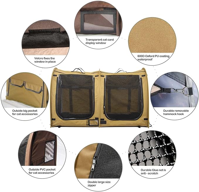 porayhut Mispace Portable Twin Compartment Show House Cat Cage/Condo - Easy to Fold & Carry Kennel - Comfy Puppy Home & Dog Travel Crate with Portable Carry Bag/Hammocks/Mats and Litter Box