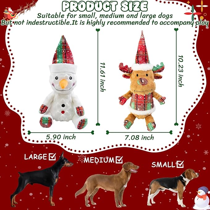 Christmas Dog Toys Squeaky 2-Pack Interactive Puppy Teething Chew Toy Deer Snowman Shape with Crinkle Sound Paper Tail Stuffed,Keep Them Busy, for Large Medium Small Breeds