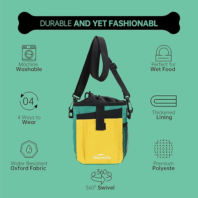 Sharmila Dog Treat Pouch - Large Capacity Storage & Multi-Pocket Design, Waterproof Training Treat Pouch Constructed from High-Density Oxford Fabric for Pet Training, Dog Walking, Hiking (Yellow)
