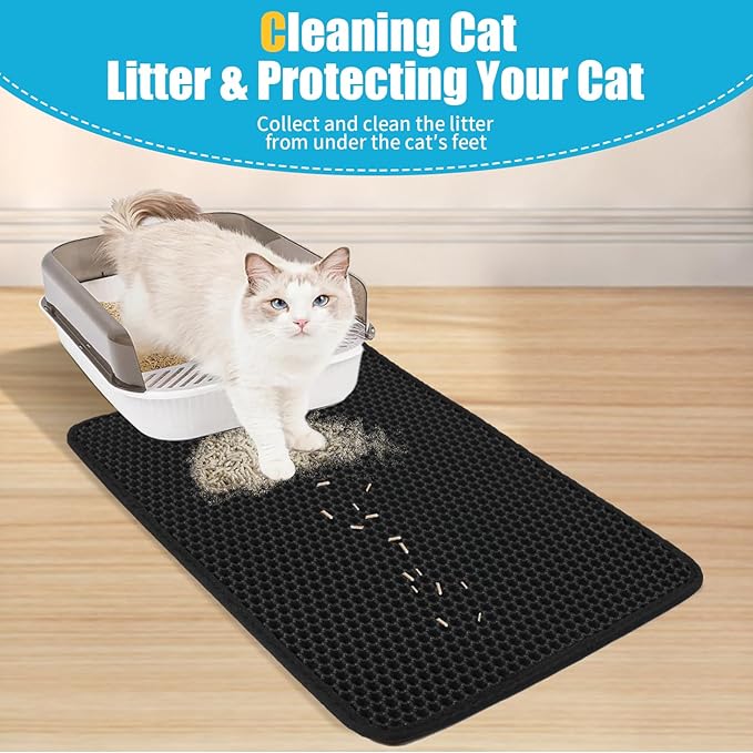 Cat Litter Mat, Kitty Litter Collector, Double Layered Honeycomb Design Waterproof, Anti Urine, Anti Slip, Easy to Clean, Limit Garbage (30"x24", Black)