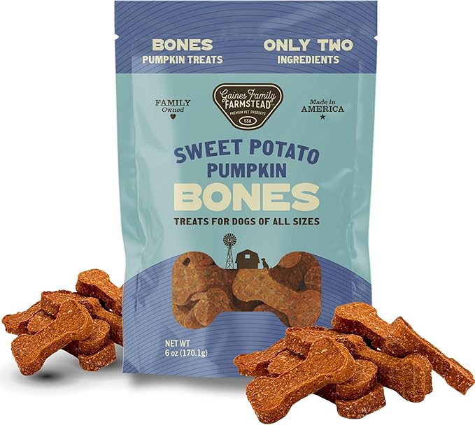 Gaines Family Farmstead Pumpkin & Sweet Potato Dog Bones – 6 oz Bag, Natural, Grain-Free Dog Treats for Digestive Health & Immunity – High-Fiber, Vitamin-Rich Chews, Made in USA