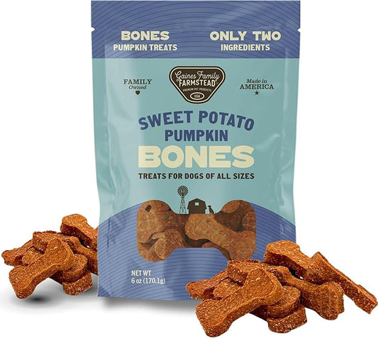 Gaines Family Farmstead Pumpkin & Sweet Potato Dog Bones – 6 oz Bag, Natural, Grain-Free Dog Treats for Digestive Health & Immunity – High-Fiber, Vitamin-Rich Chews, Made in USA