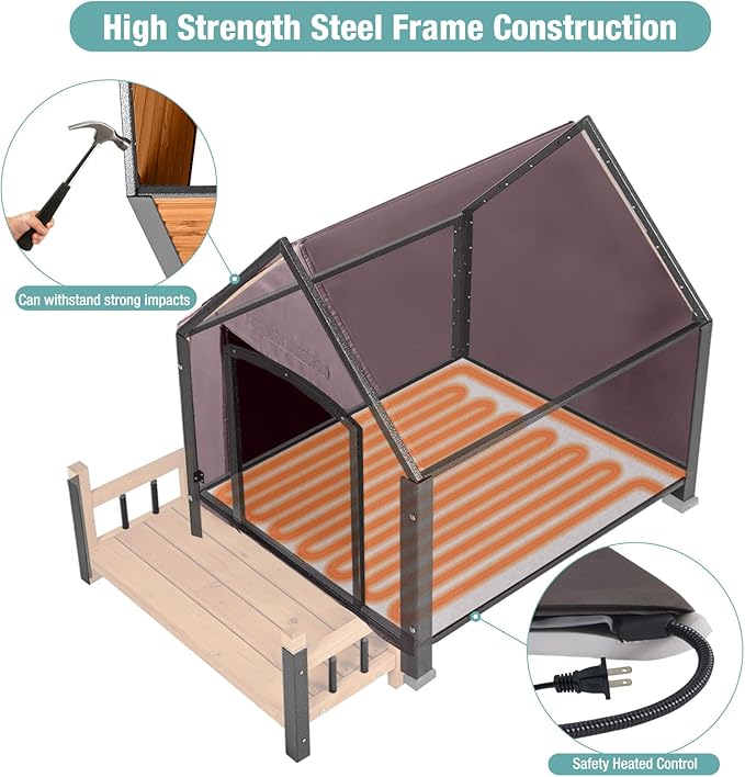 Insulated Dog House with Heating Pad, Weatherproof Outdoor Kennel for Large Dogs, Chew-Resistant Iron Frame & Asphalt Roof (Wood-H, XL)