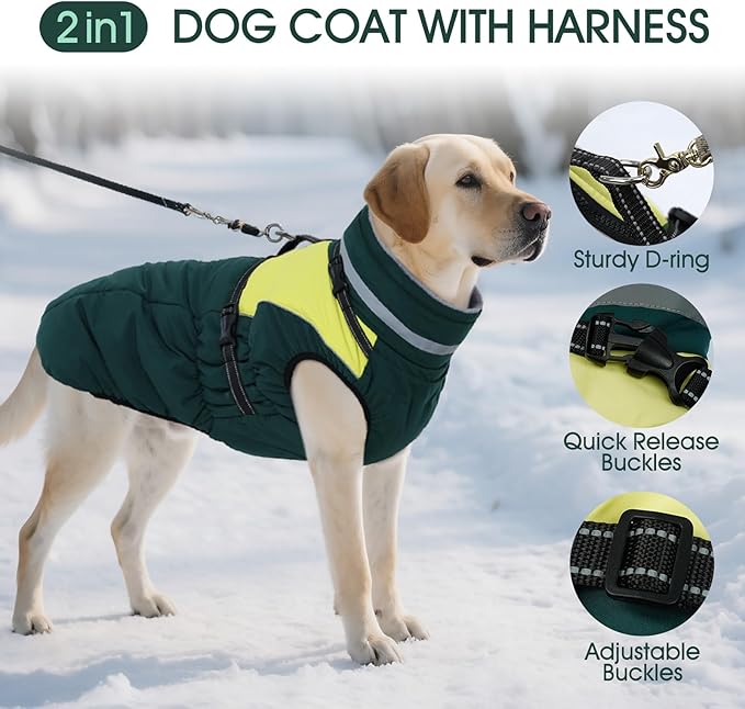 Kuoser Dog Coat, 2 in 1 Dog Jacket with Harness Built in, Winter Waterproof Puppy Puffer Jacket Snowsuit for Small Medium Large Dogs, Cold Weather Reflective Pet Fleece Vest with Zipper