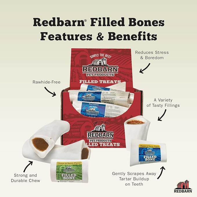Redbarn Pet Products Small Filled Dog Bones, Cheese & Bacon Flavor - Long Lasting Stuffed Femur Chew Treat Made in USA - 4 Count - Packaging May Vary