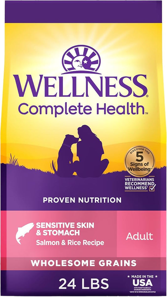 Wellness Complete Health Sensitive Skin & Stomach Dry Dog Food, Wholesome Grains, Natural, Salmon & Rice Recipe, (24-Pound Bag)