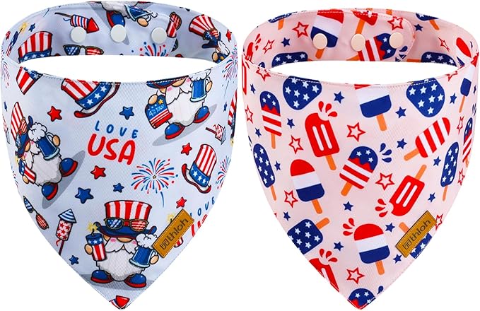 4th of July Dog Bandanas with Snap Button, 2 Pack American Flag Pet Scarf for Boy & Girl, Premium Durable Fabric, Adjustable Fit, Patriotic Bandana for Large and Extra Large Dogs (X-Large)