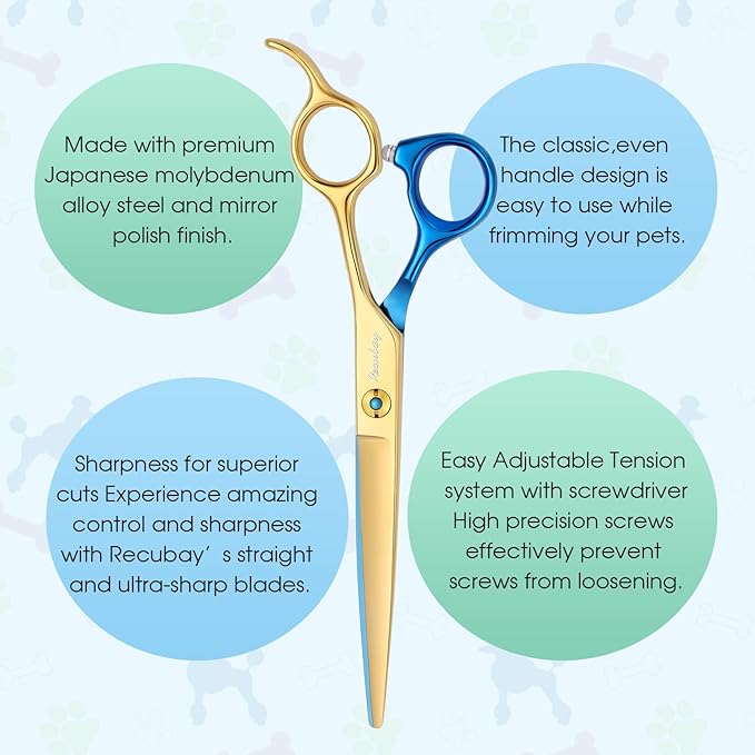 Dog Cat Scissors for Grooming, Pet Shears for Thick Coats and Matted Hair, Thinner Curved Straight Chunker Stainless Steel Shears