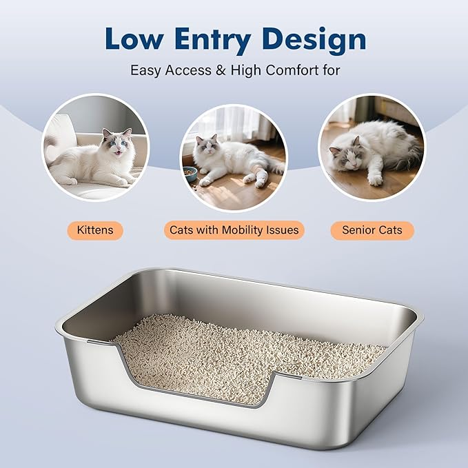 Stainless Steel Cat Litter Box with Low Entry, Large Metal Kitty Litter Box for Senior or Injured Cats, Odor-Free, Non-Stick, Easy to Clean, 23.4"x15.6"x5.9", for Multiple Cats
