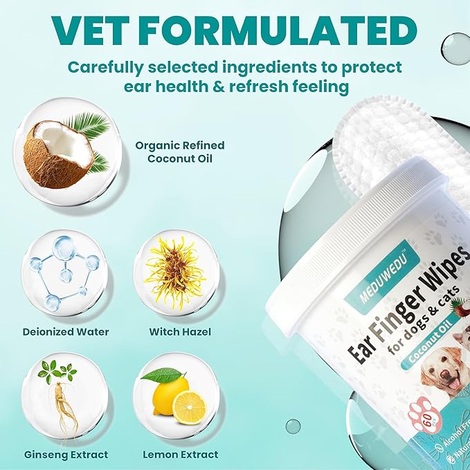 Ear Cleaner Finger Wipes 120 Counts, Dog Ear Cleaner, Grooming Kit Care for Dogs and Cats, Soft & Easy Otic Cleaning Pads, Remove Wax, Dirt & Stop Smelly, Itchy, Non-Irritating, Unscented