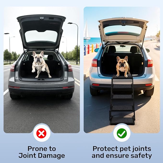 Extra Wide Dog Steps for Car, Truck and SUV - Foldable Pet Stairs for Large Dogs with Non-Slip Rug Surface, Lightweight Dog Ramp Holds Up to 250lbs, 5 Steps