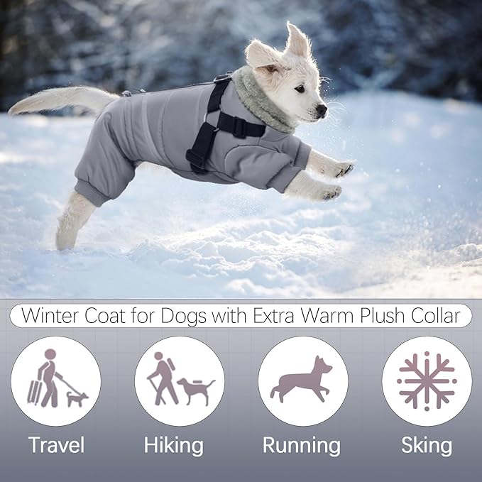 BRKURLEG Grey Dog Winter Coat, Cozy Winter Dog Jackets, Small Dogs Coat with Harness, Onesie Body Warm Puppy Jacket, Pet Reflective Windproof Cold Weather Jackets, Puppy Four-Legged Puffer Coats, L