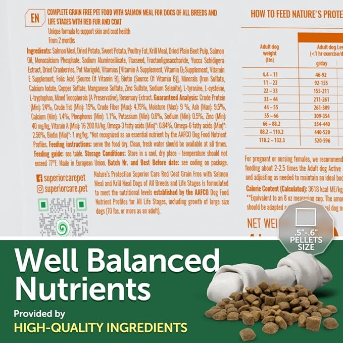 Nature's Protection Superior Care Grain-Free Dry Dog Food - High Protein, Tear Stain Dog Food for All Breeds Red Coated All Life Stages Dogs, Fresh Pet Meal, Salmon, 8.8 lb