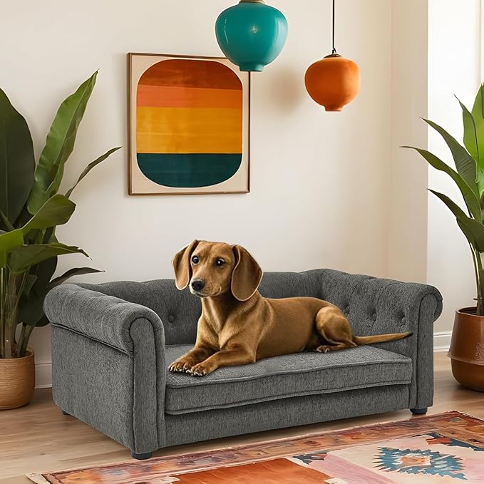 Dog Couch for Medium Dogs Up to 50 lbs, 29" W Memory Foam Dog Sofa Couch with Dry Cleanable Fabric, Elevated Dog Couch Bed with Legs, 39" Outer Edge Length, Furniture for Small and Medium Dogs - Grey