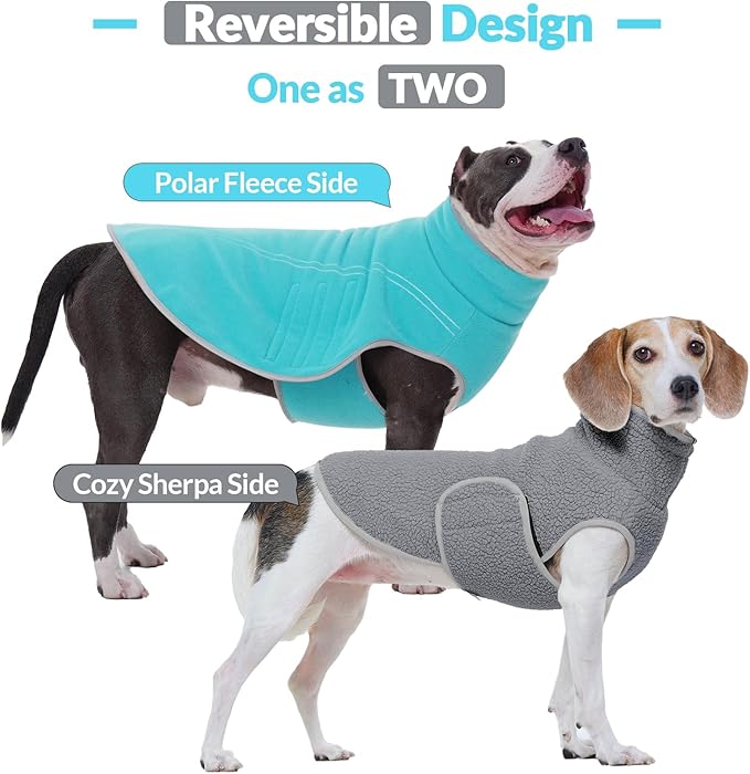 ROZKITCH Reversible Fleece Lined Dog Coat Super Warm Fleece Sherpa Sweater with Embroidery, Adjustable Double-Sided Plush Sweatshirt for Small Medium Breeds Bluegreen XL